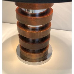 Design Table Lamp with Concentric Wood and Chrome Circles, French Work, Circa 1970