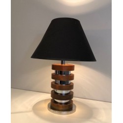 Design Table Lamp with Concentric Wood and Chrome Circles, French Work, Circa 1970