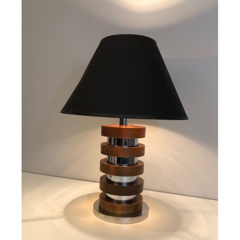 Design Table Lamp with Concentric Wood and Chrome Circles, French Work, Circa 1970