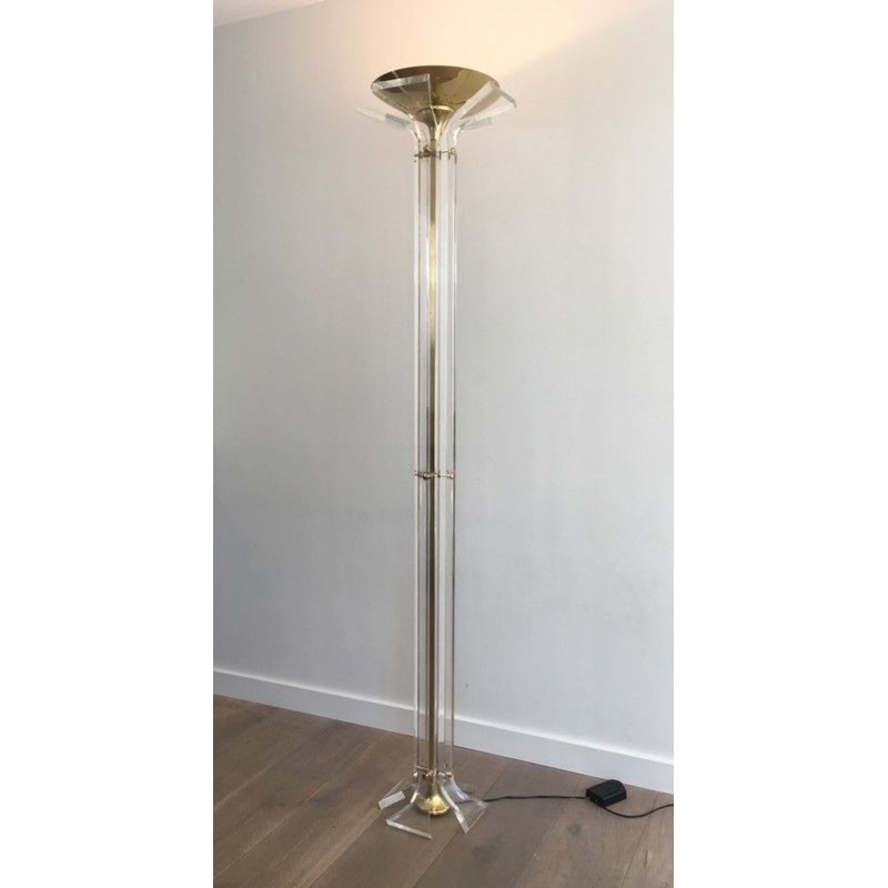 Rare Plexiglass and Gilt Brass Floor Lamp, Italian Work, circa 1970