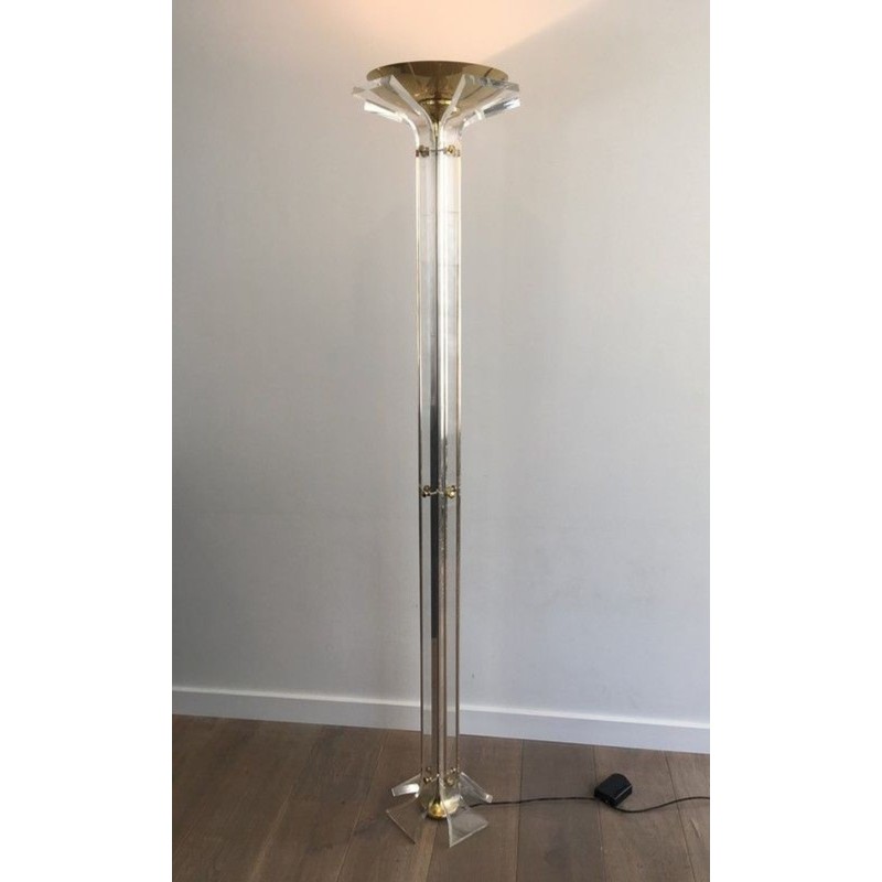 Rare Plexiglass and Gilt Brass Floor Lamp, Italian Work, circa 1970