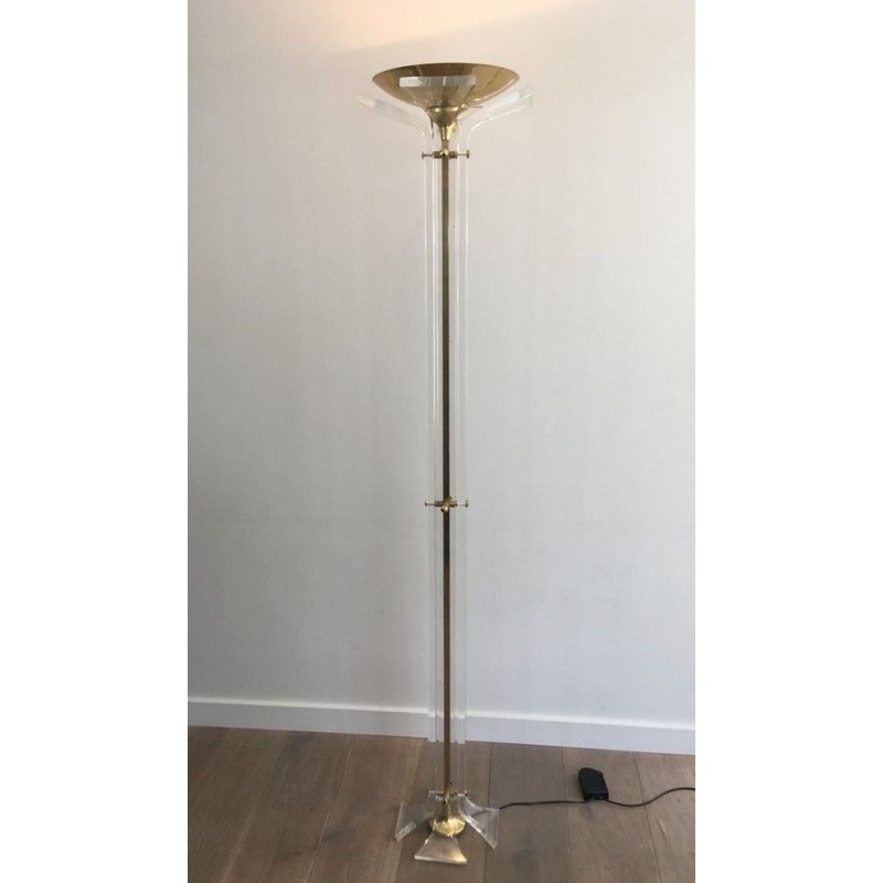 Rare Plexiglass and Gilt Brass Floor Lamp, Italian Work, circa 1970