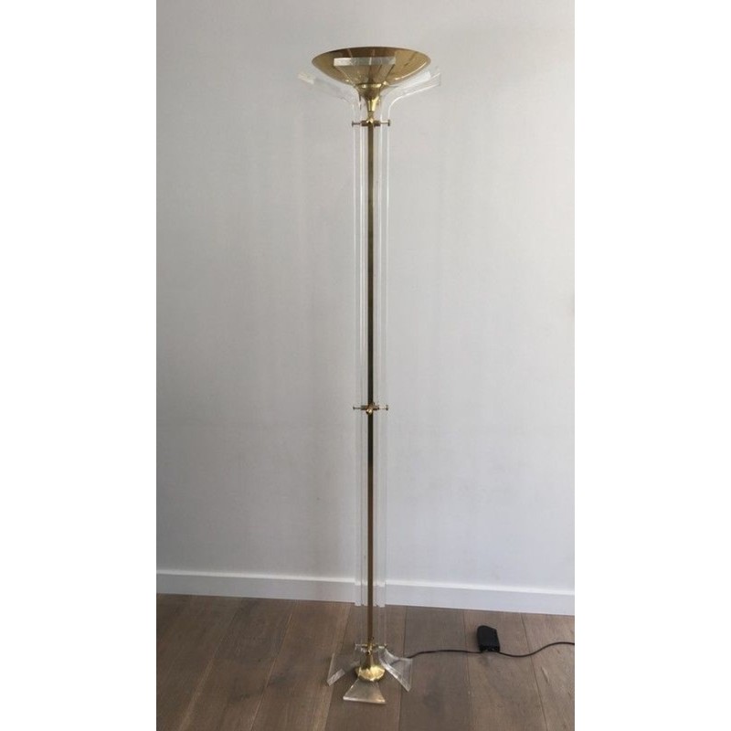 Rare Plexiglass and Gilt Brass Floor Lamp, Italian Work, circa 1970