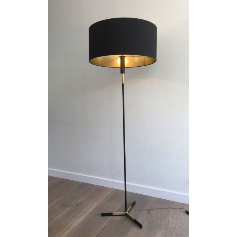 Black Lacquered Metal and Brass Floor Lamp, French Work, circa 1950