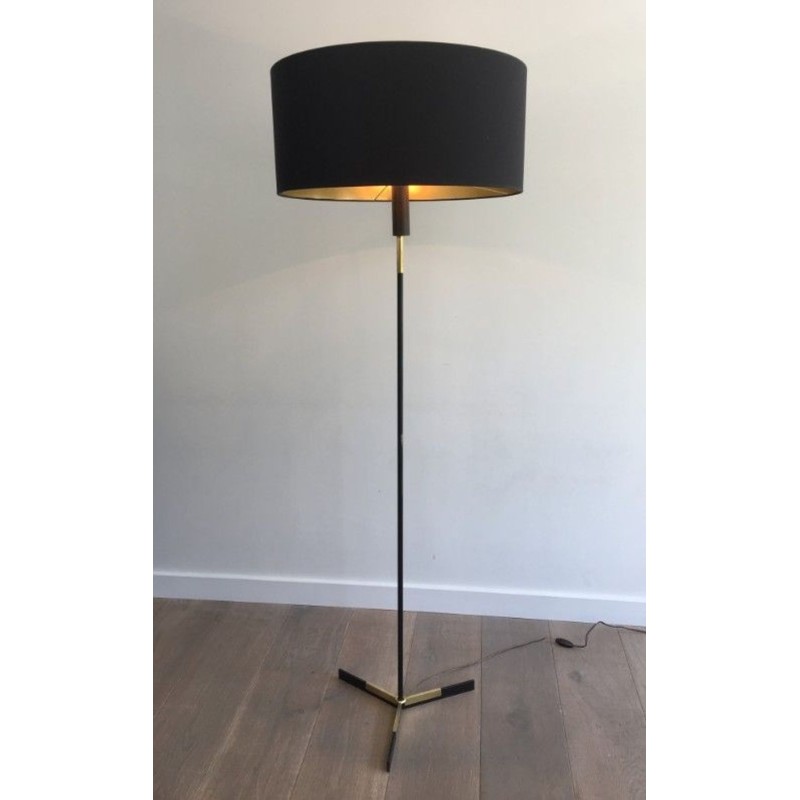 Black Lacquered Metal and Brass Floor Lamp, French Work, circa 1950