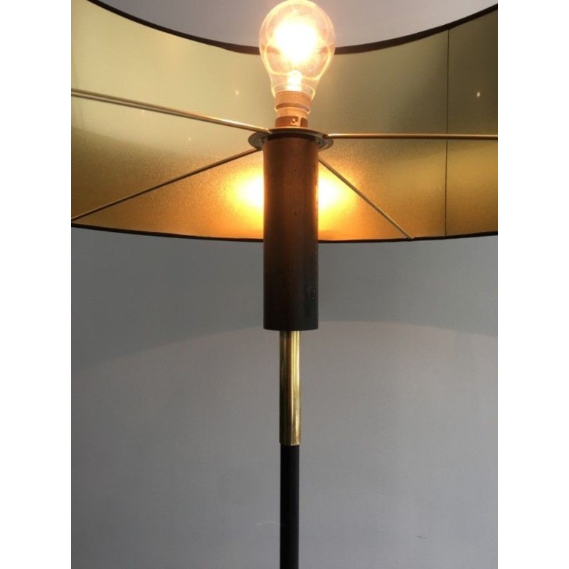 Black Lacquered Metal and Brass Floor Lamp, French Work, circa 1950