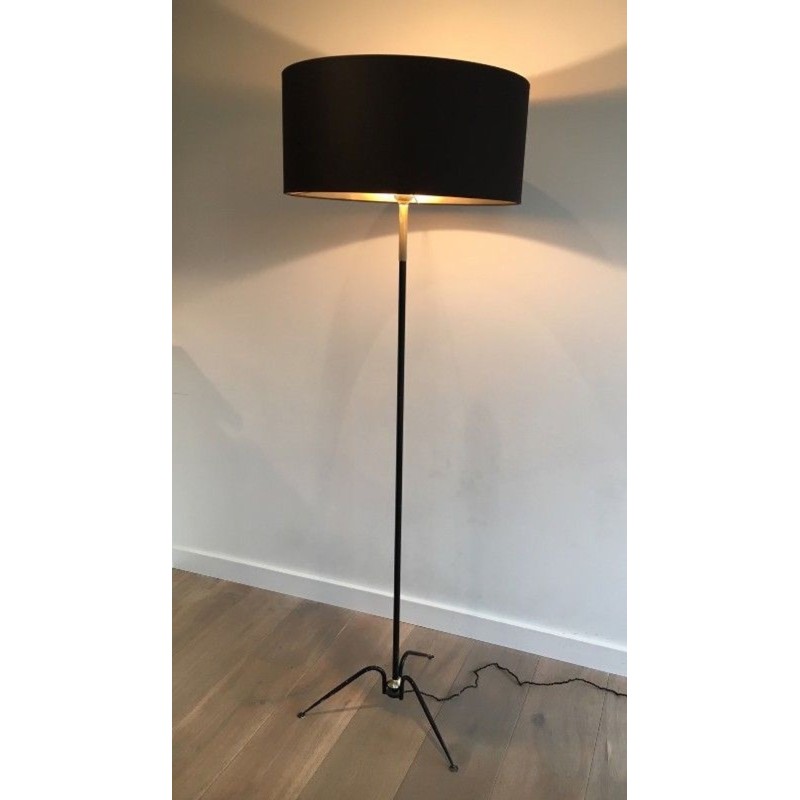 Black Lacquered Metal and Brass Floor Lamp, French Work, circa 1950