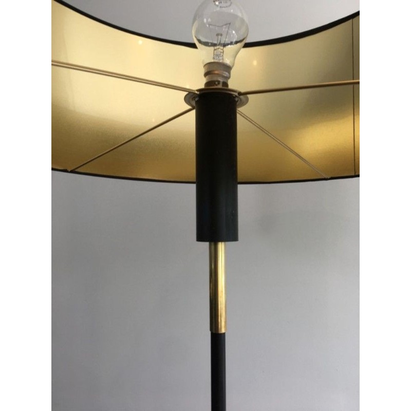 Black Lacquered Metal and Brass Floor Lamp, French Work, circa 1950