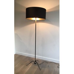 Black Lacquered Metal and Brass Floor Lamp, French Work, circa 1950
