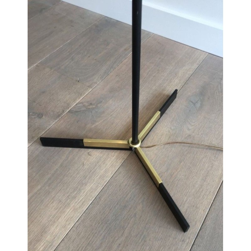 Black Lacquered Metal and Brass Floor Lamp, French Work, circa 1950