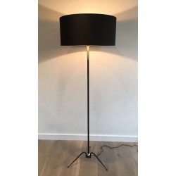Black Lacquered Metal and Brass Floor Lamp, French Work, circa 1950