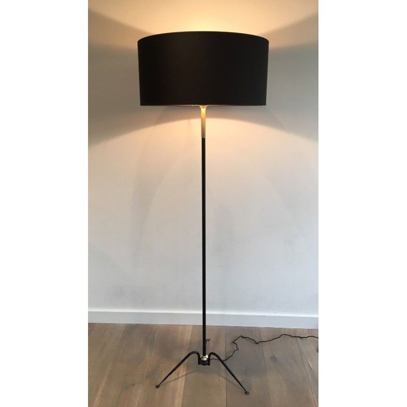 Black Lacquered Metal and Brass Floor Lamp, French Work, circa 1950