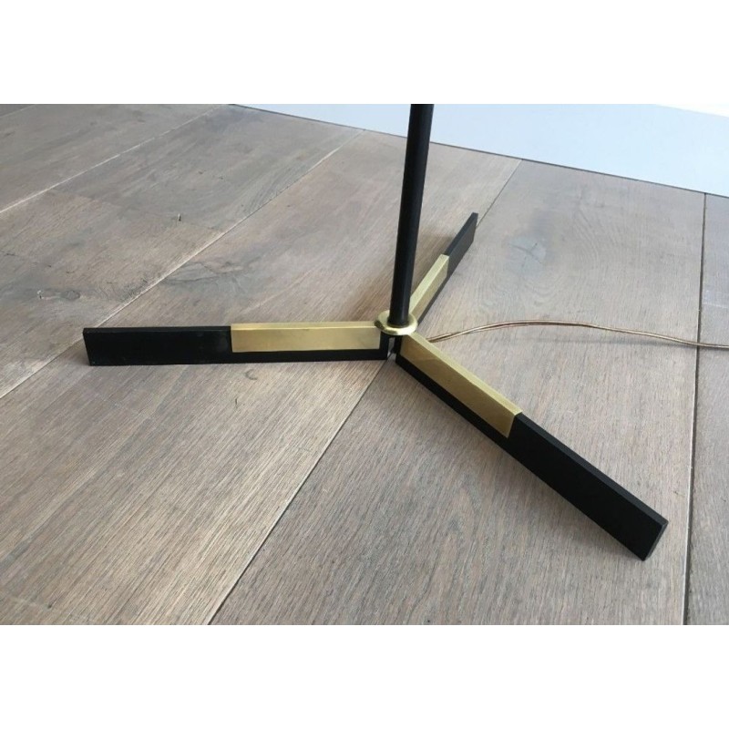 Black Lacquered Metal and Brass Floor Lamp, French Work, circa 1950