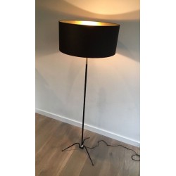 Black Lacquered Metal and Brass Floor Lamp, French Work, circa 1950