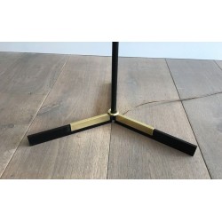 Black Lacquered Metal and Brass Floor Lamp, French Work, circa 1950