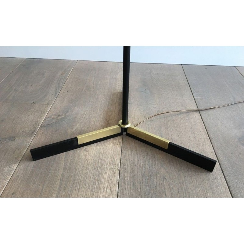 Black Lacquered Metal and Brass Floor Lamp, French Work, circa 1950