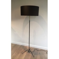 Black Lacquered Metal and Brass Floor Lamp, French Work, circa 1950