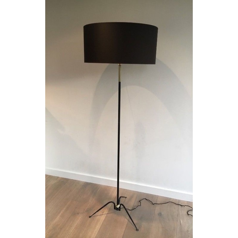 Black Lacquered Metal and Brass Floor Lamp, French Work, circa 1950