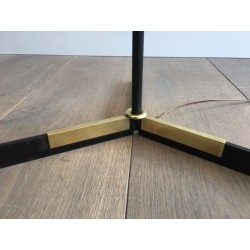 Black Lacquered Metal and Brass Floor Lamp, French Work, circa 1950