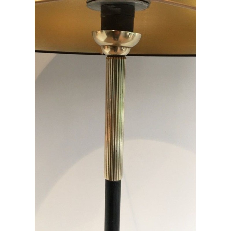 Black Lacquered Metal and Brass Floor Lamp, French Work, circa 1950