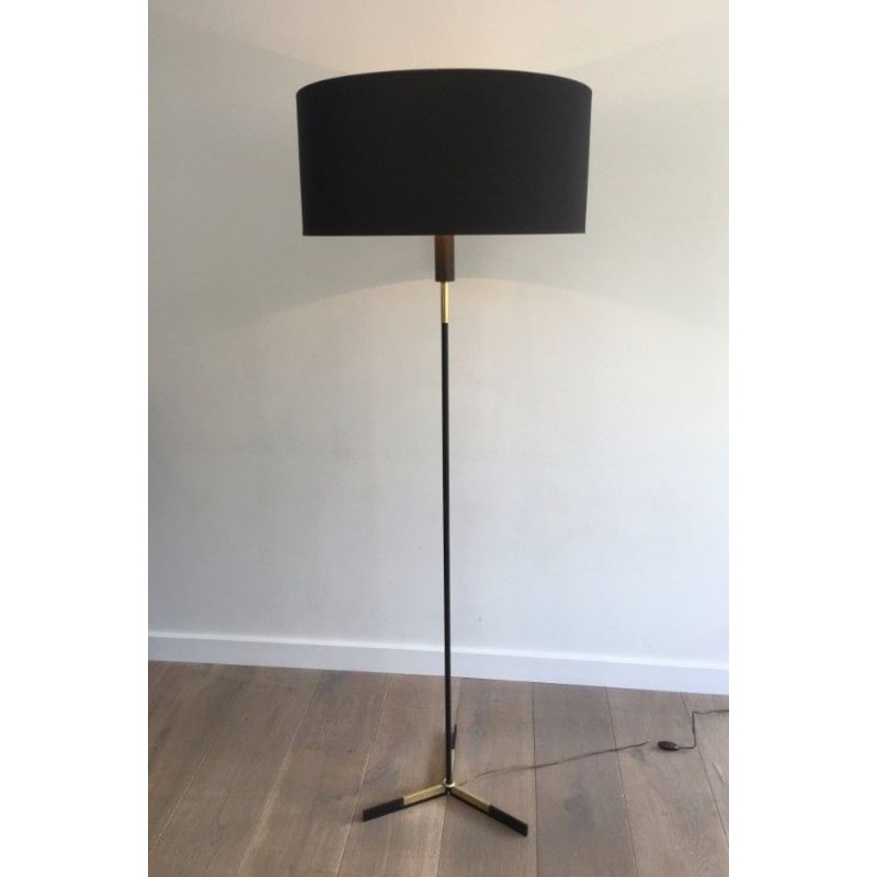 Black Lacquered Metal and Brass Floor Lamp, French Work, circa 1950