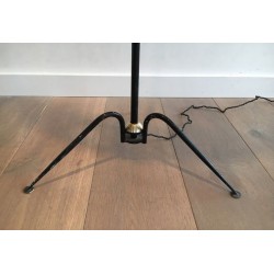 Black Lacquered Metal and Brass Floor Lamp, French Work, circa 1950
