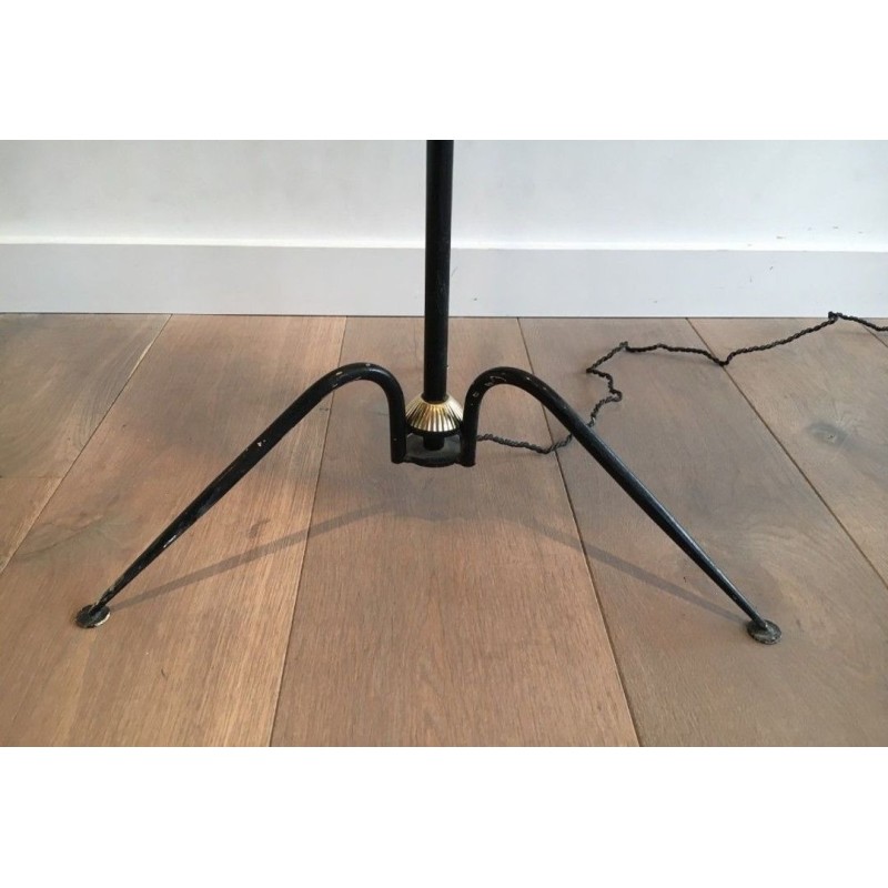 Black Lacquered Metal and Brass Floor Lamp, French Work, circa 1950