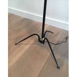 Black Lacquered Metal and Brass Floor Lamp, French Work, circa 1950
