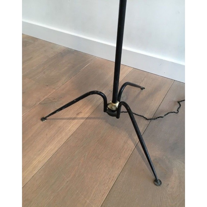 Black Lacquered Metal and Brass Floor Lamp, French Work, circa 1950