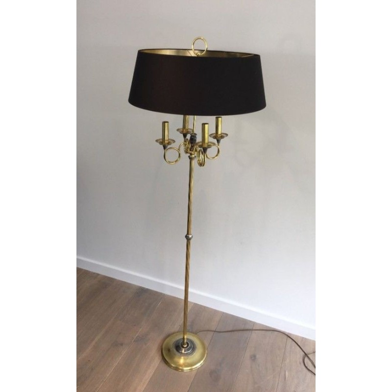 Neoclassical Brushed Steel and Brass Floor Lamp In the Style of Maison Charles