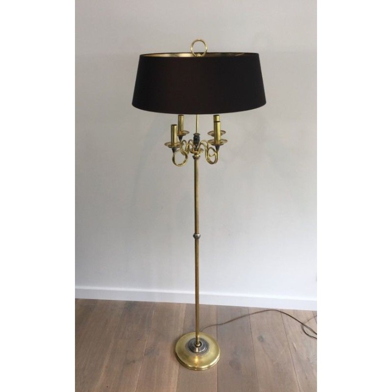 Neoclassical Brushed Steel and Brass Floor Lamp In the Style of Maison Charles