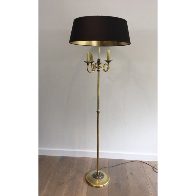 Neoclassical Brushed Steel and Brass Floor Lamp In the Style of Maison Charles