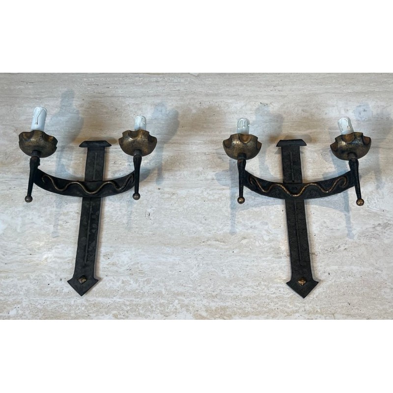 Pair of Wrought Iron Wall Lights with Coat of Arms and 2 Light Arms in the Gothic Style
