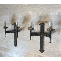 Pair of Wrought Iron Wall Lights with Coat of Arms and 2 Light Arms in the Gothic Style