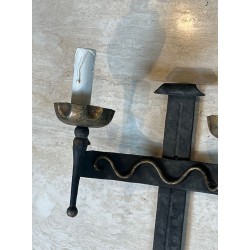 Pair of Wrought Iron Wall Lights with Coat of Arms and 2 Light Arms in the Gothic Style