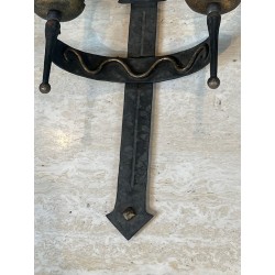 Pair of Wrought Iron Wall Lights with Coat of Arms and 2 Light Arms in the Gothic Style