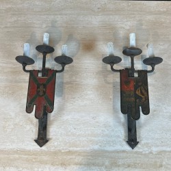 Large Pair of Wrought Iron Wall Lights with Coat of Arms and 3 Light Arms in the Gothic Style