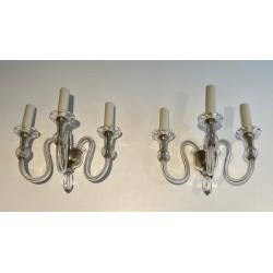 Pair of Murano Crystal Three-Arm Wall Lights, Italian Work, circa 1940
