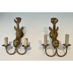 Pair of Bronze Dolphin Wall Sconces by Maison Jansen, French Work, circa 1940