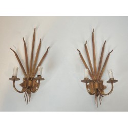 Pair of Gilded Wheat Sheaf Wall Sconces in the Taste of Chanel, French Work, circa 1970