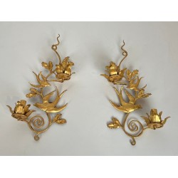 Pair of Gilded Metal Bird Wall Sconces in the Taste of Maison Baguès, French Work, circa 1970