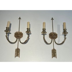 Pair of Empire Bronze Arrow Wall Sconces, Sun King Effigy, by Lucien Gau, circa 1950