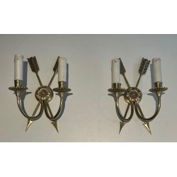 Pair of Empire Style Bronze Crossed-Arrow Wall Sconces, French Work, circa 1950