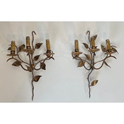 Pair of Gilt Metal Three-Arm Wall Sconces with Leaf Décor, French Work, circa 1970