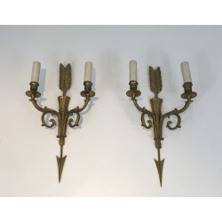 Pair of Bronze Wall Sconces with Quiver, Arrow and Eagle Heads, French Work, circa 1920