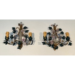 Pair of Art Déco Bronze and Porcelain Flower Wall Lights, French Work, circa 1940