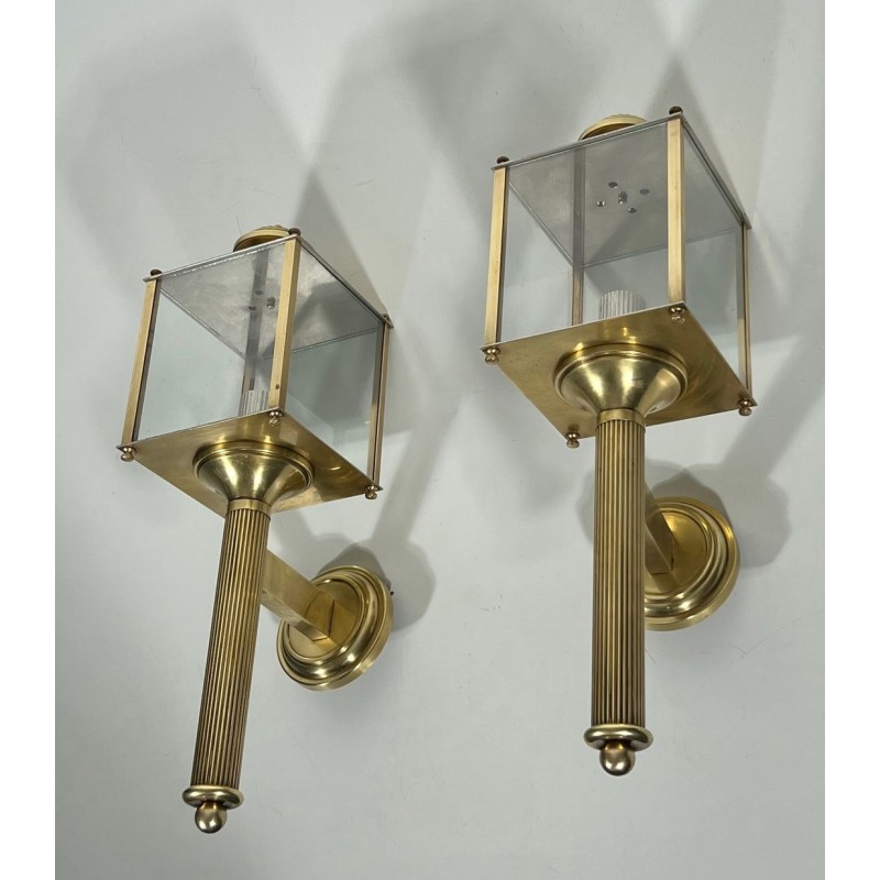 Pair of Neoclassical Style Brass Lanterns Wall Lights by Maison Jansen