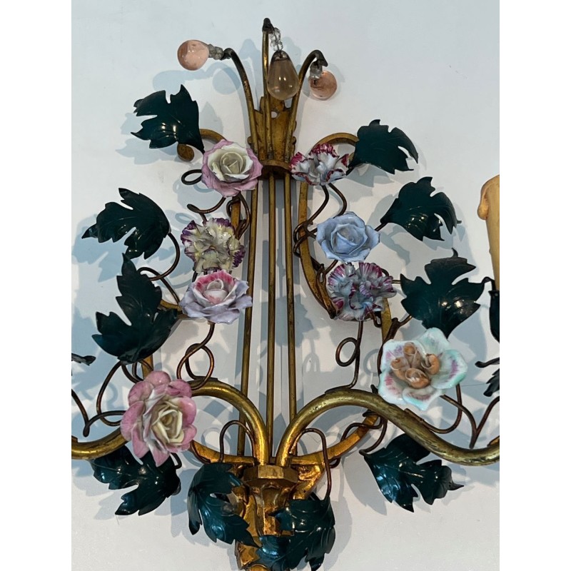 Pair of Art Déco Bronze and Porcelain Flower Wall Lights, French Work, circa 1940