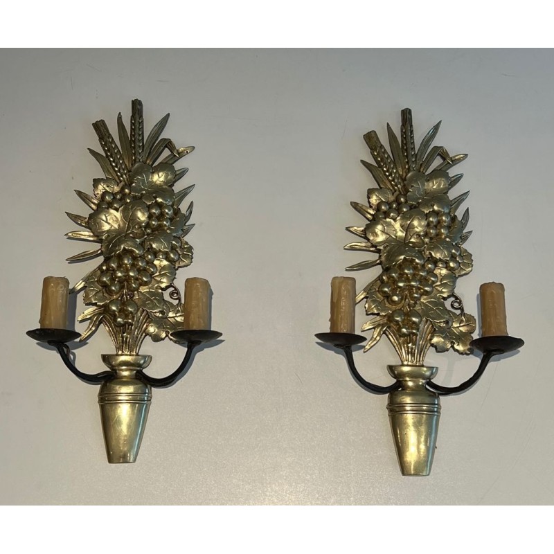 Pair of Bronze and Wrought Iron Wall Lights Representing a fruit Bowl
