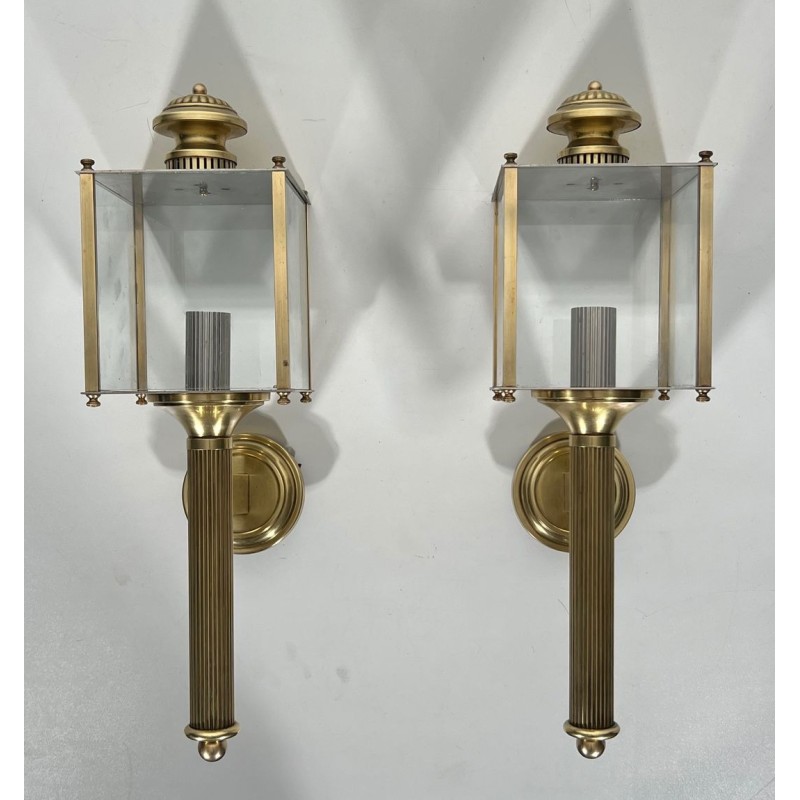 Pair of Neoclassical Style Brass Lanterns Wall Lights by Maison Jansen